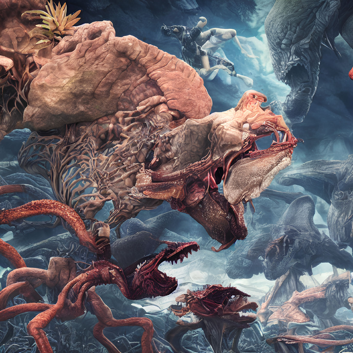 Surreal underwater scene with person on fantastical creature surrounded by aquatic beings