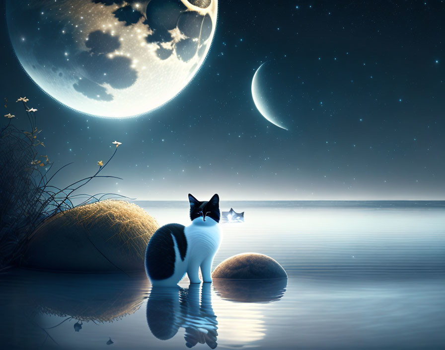 Black and white cat by serene lake under night sky with moon and stars