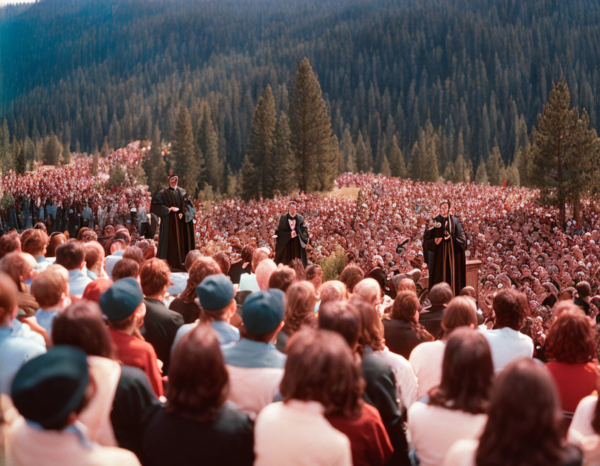 Forest clearing outdoor gathering with figures addressing crowd in red and blue attire