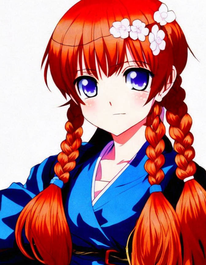 Character with Large Purple Eyes, Long Braided Red Hair, and Blue Kimono