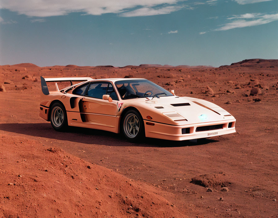 White Sports Car with Rear Wing Parked in Desert Landscape