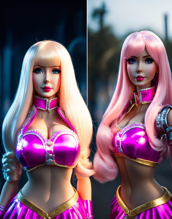 Realistic female doll with long pink hair and metallic pink clothing.