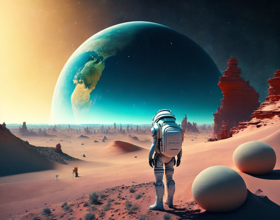 Astronaut observing Earth-like planet from desert alien landscape