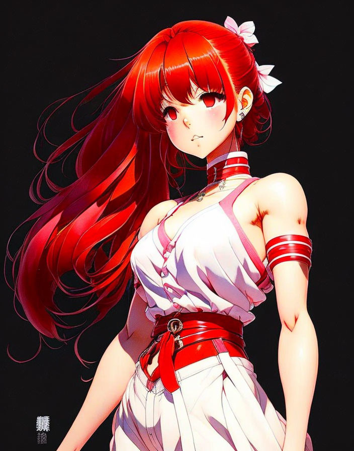 Anime character with long red hair and red outfit on black background