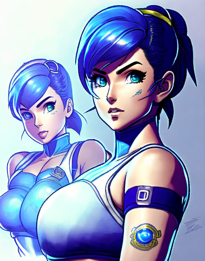 Stylized women with blue hair in futuristic outfits showcasing confident expressions