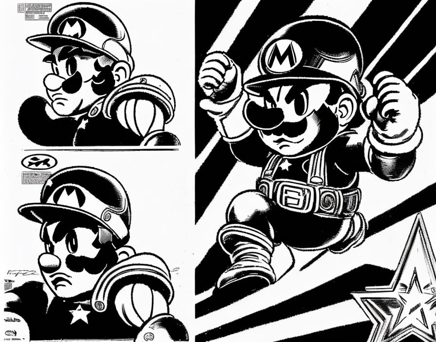 Dynamic Super Mario poses in black and white comic panels.