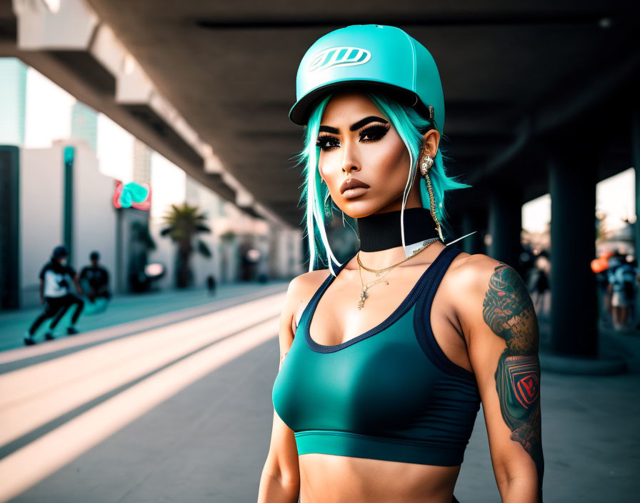 Blue-haired woman in sports bra and cap with tattoos in urban setting