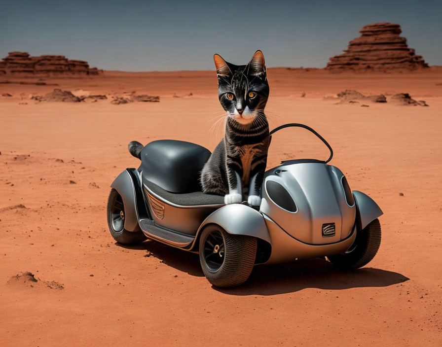 Sleek cat on futuristic silver motorcycle in red desert