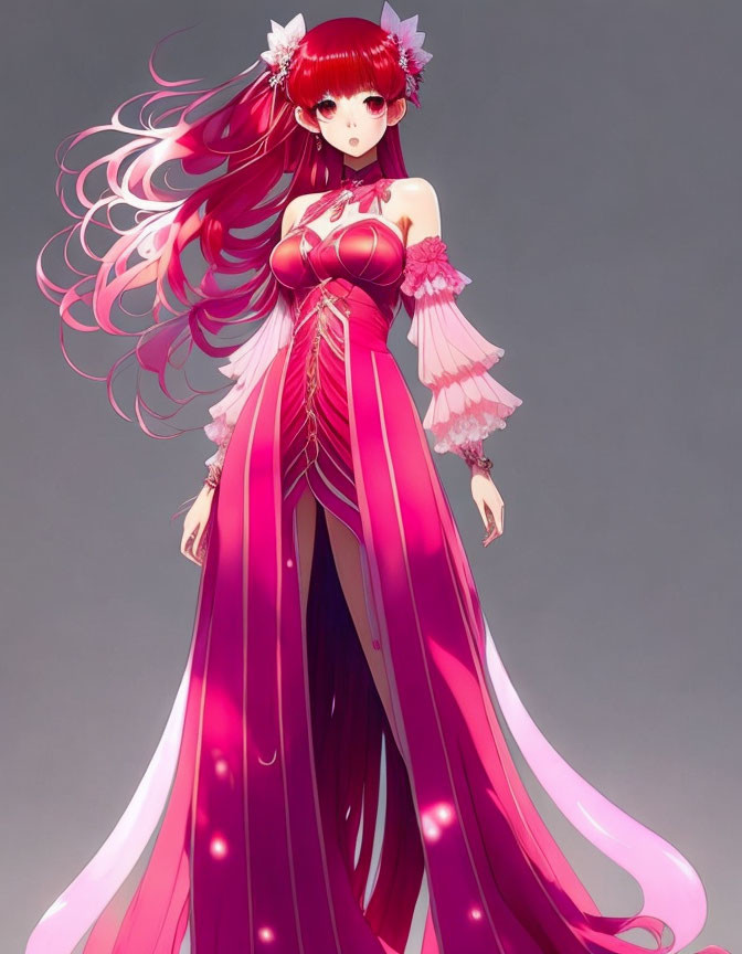 Illustrated character with long pink hair and elegant dress adorned with floral accents