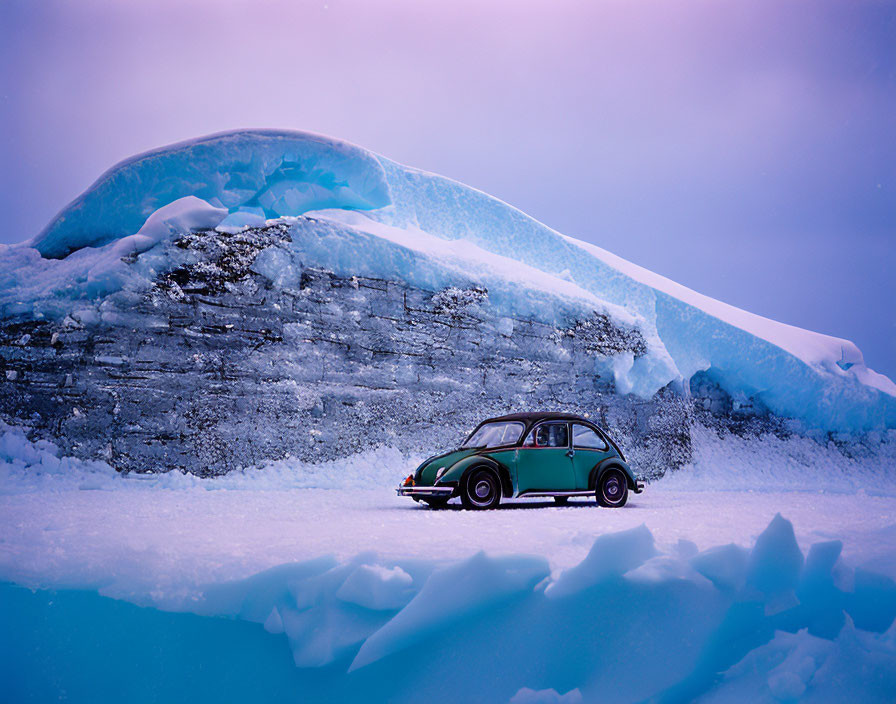 Vintage green car parked in snow by giant blue iceberg under purple sky