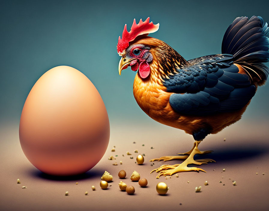 Vibrant rooster beside large egg and broken shell pieces on brown gradient background