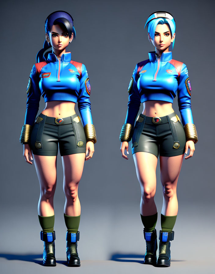 Stylized female characters in futuristic blue outfits standing together