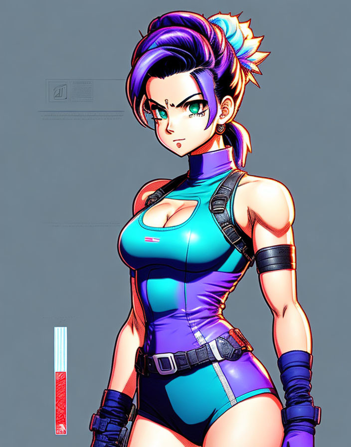 Female character with purple spiky hair, green eyes, blue bodysuit, gloves, and