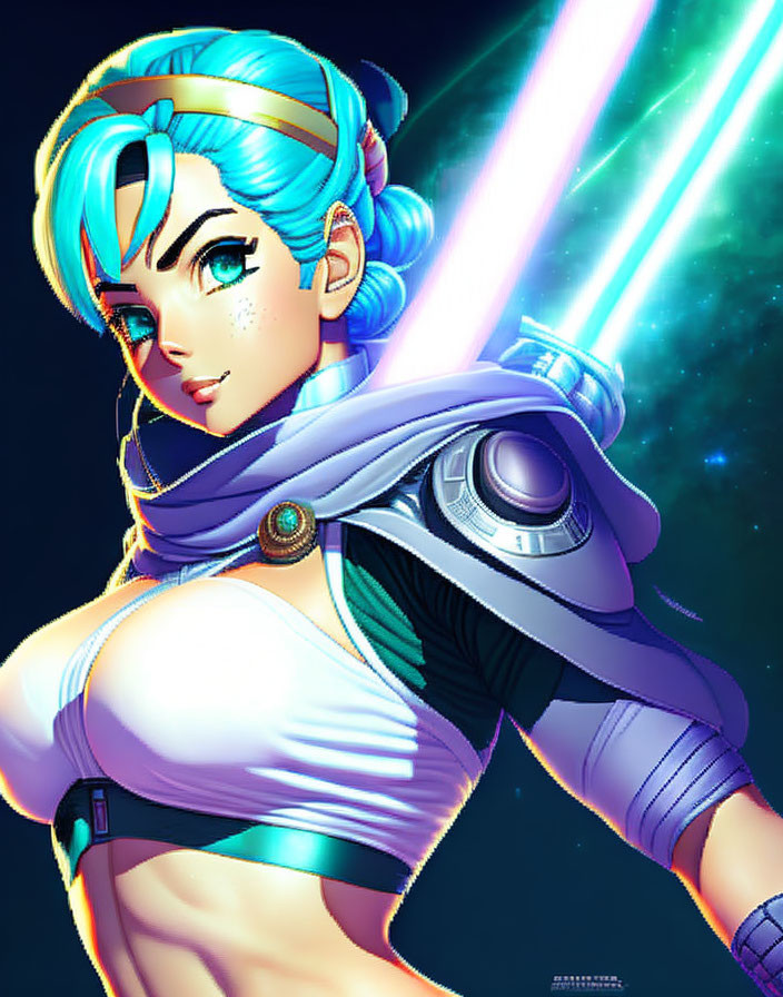 Turquoise-haired female character wielding blue energy swords in futuristic outfit under vibrant light