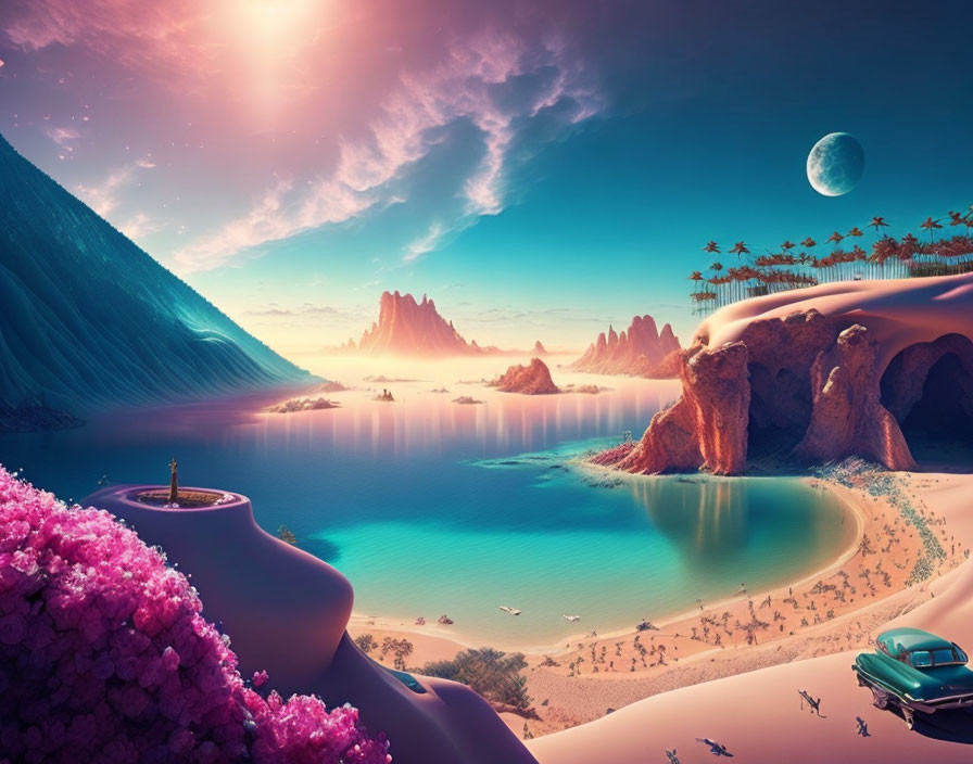 Vibrant surreal landscape: pink flora, turquoise sea, whimsical rock formations, distant planet