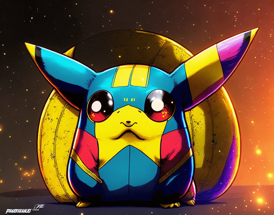 Pikachu in Wolverine-inspired superhero costume on starry night backdrop