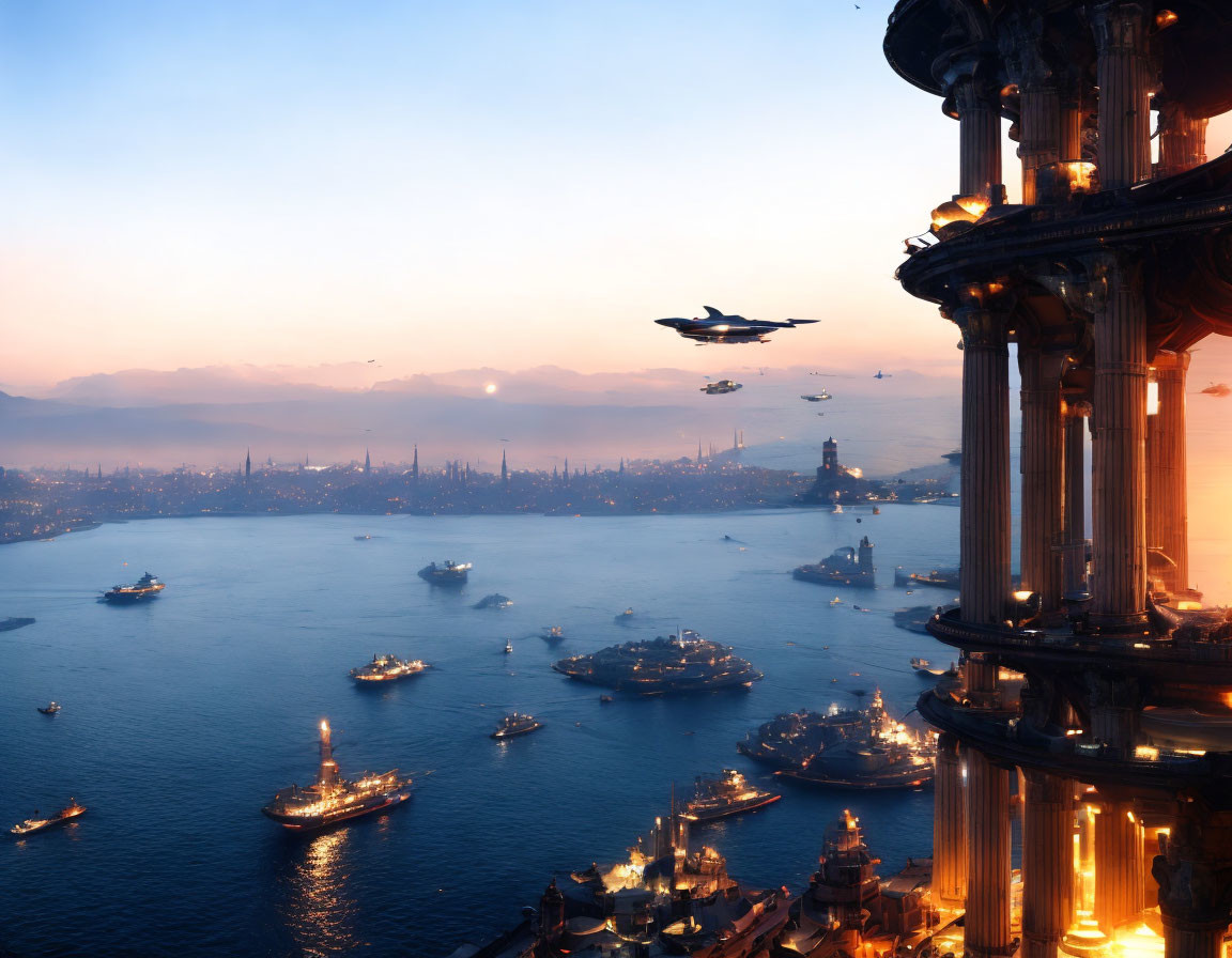 Futuristic cityscape at dusk with advanced aircraft and bustling port