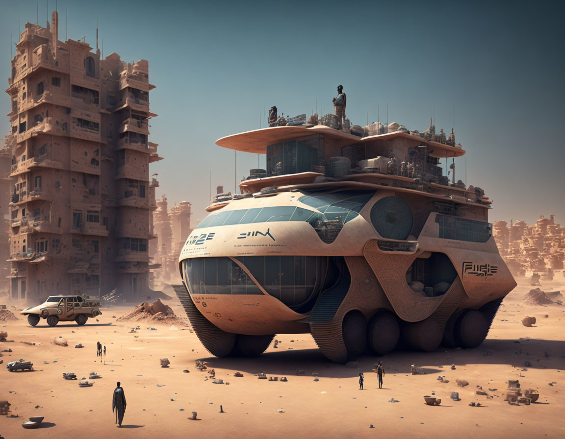 Futuristic desert landscape with grounded spacecraft and dilapidated buildings