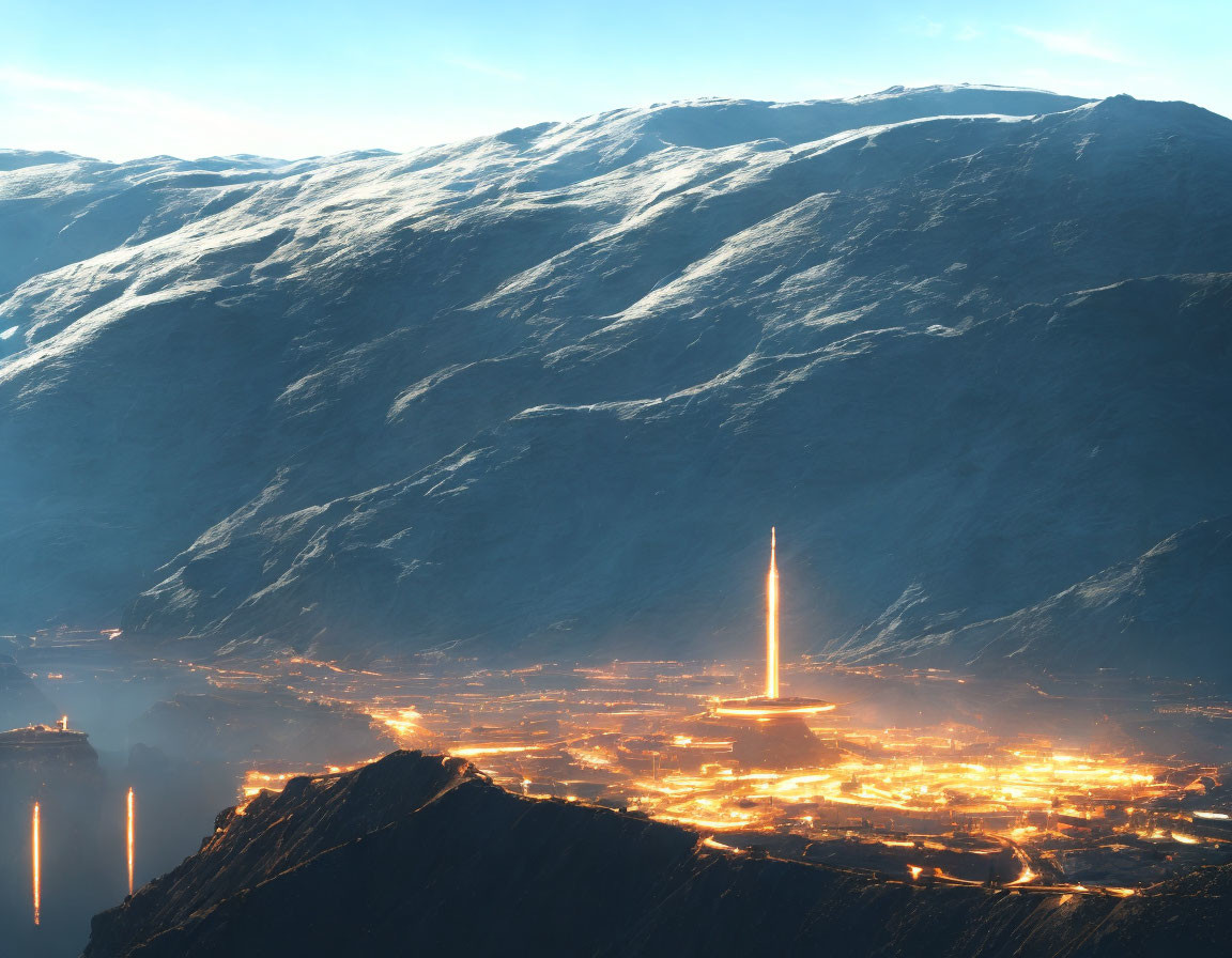 Futuristic city in mountainous landscape with light beam at twilight