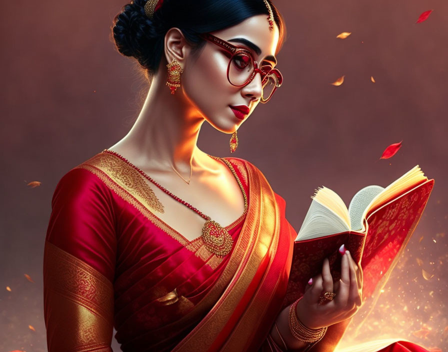 Woman in red saree reading book with autumn leaves swirling