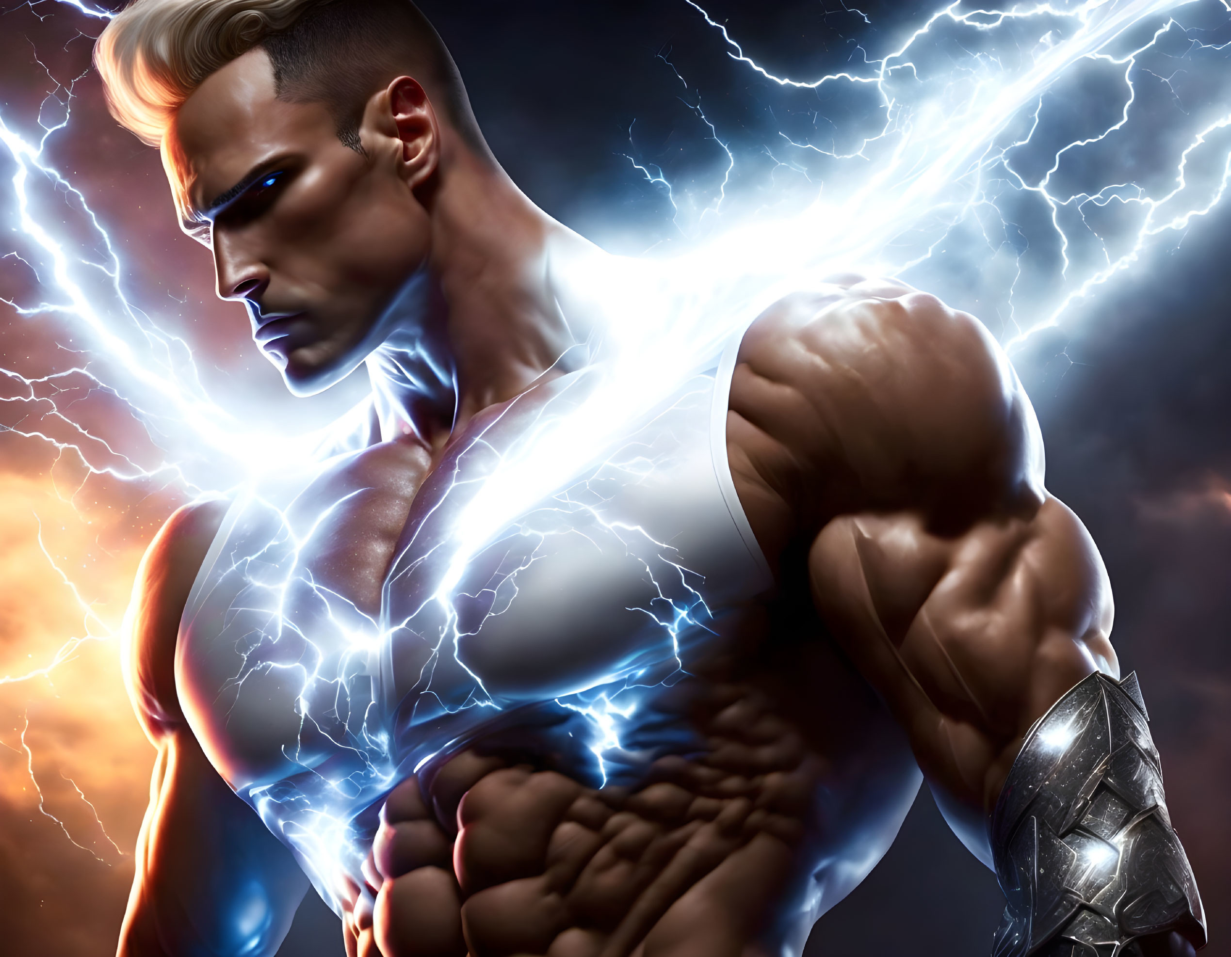 Muscular superhero with lightning effects in dynamic pose