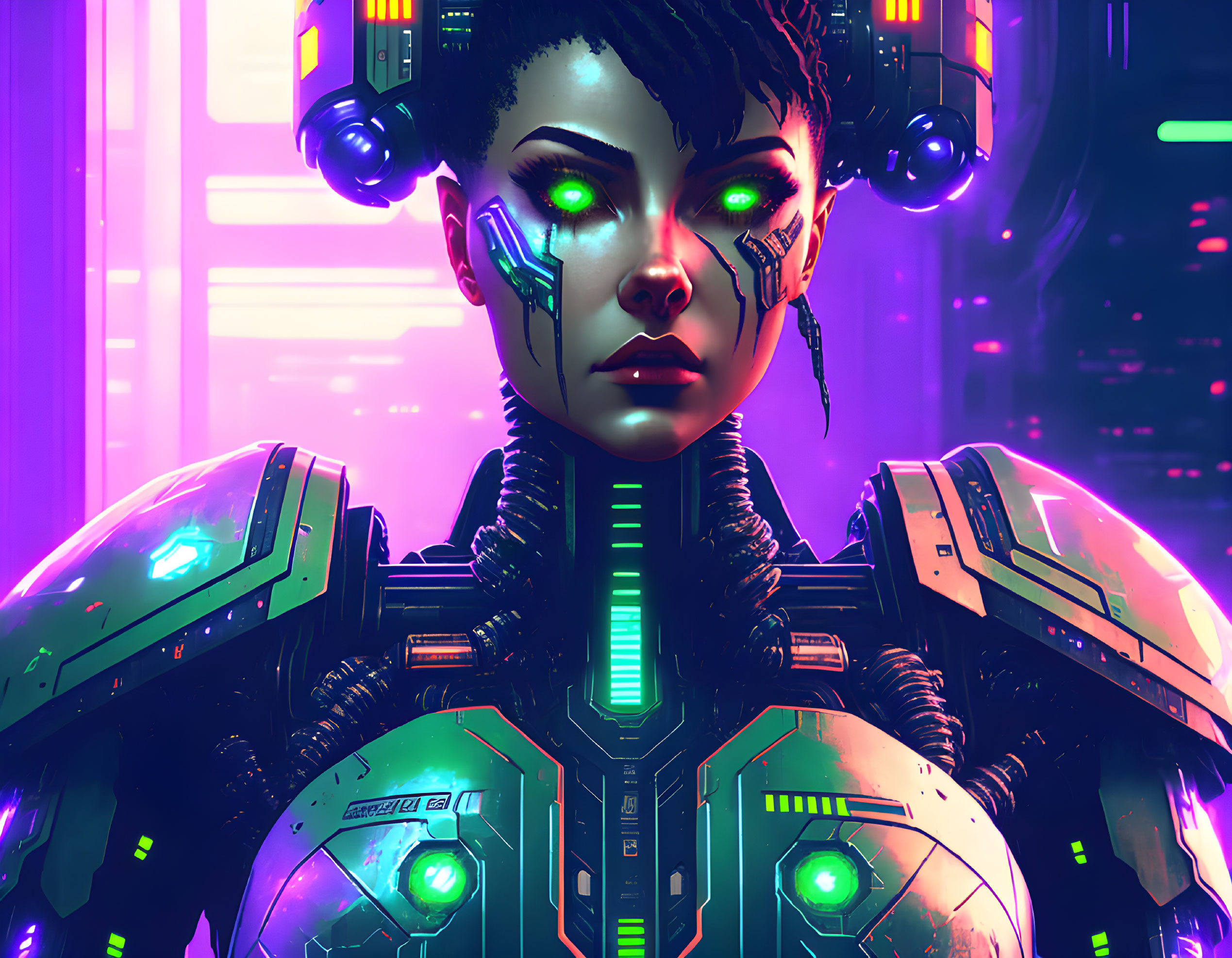 Futuristic female cyborg with glowing green eyes and headgear on neon-lit background