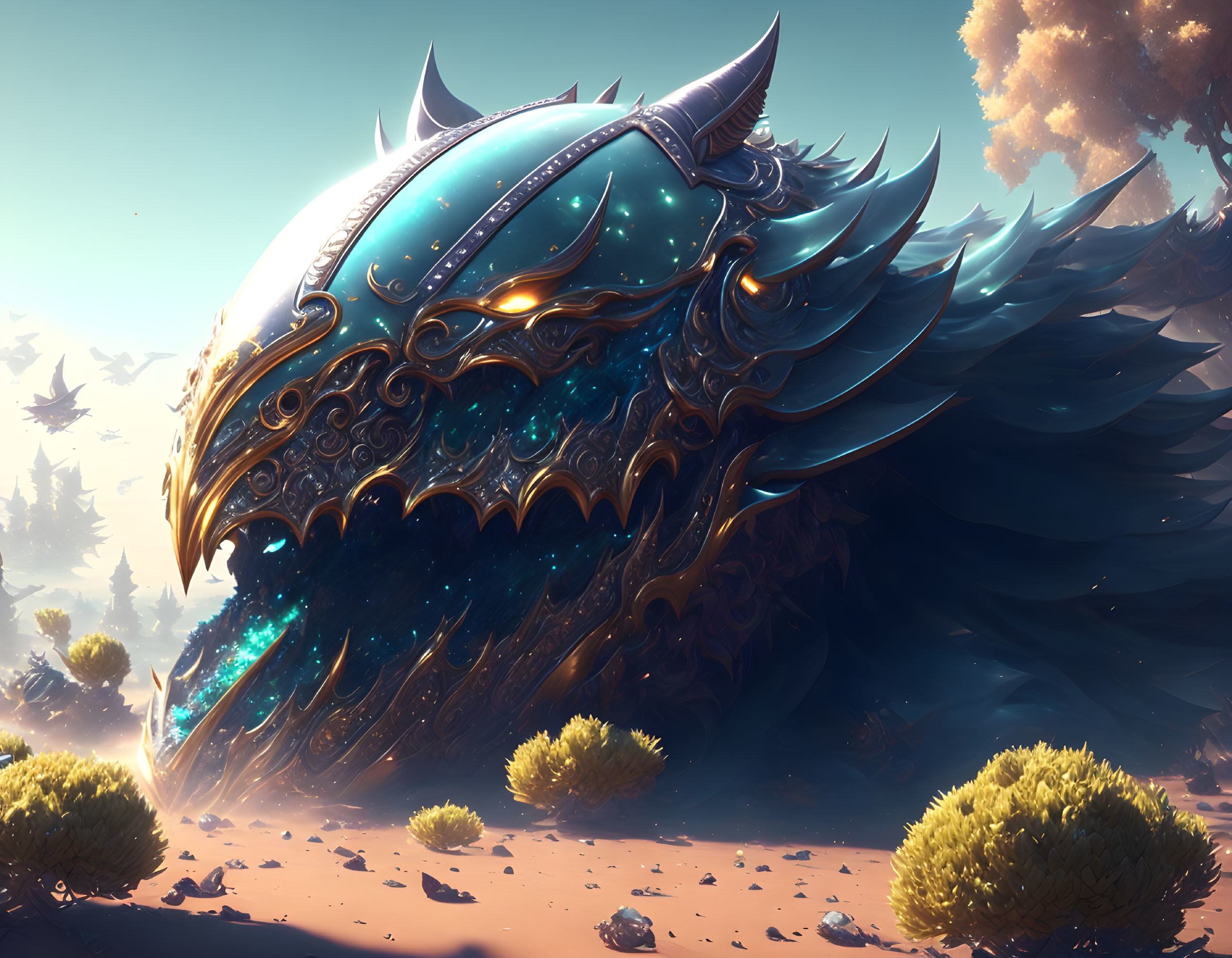 Armored dragon with glowing blue accents in desert landscape