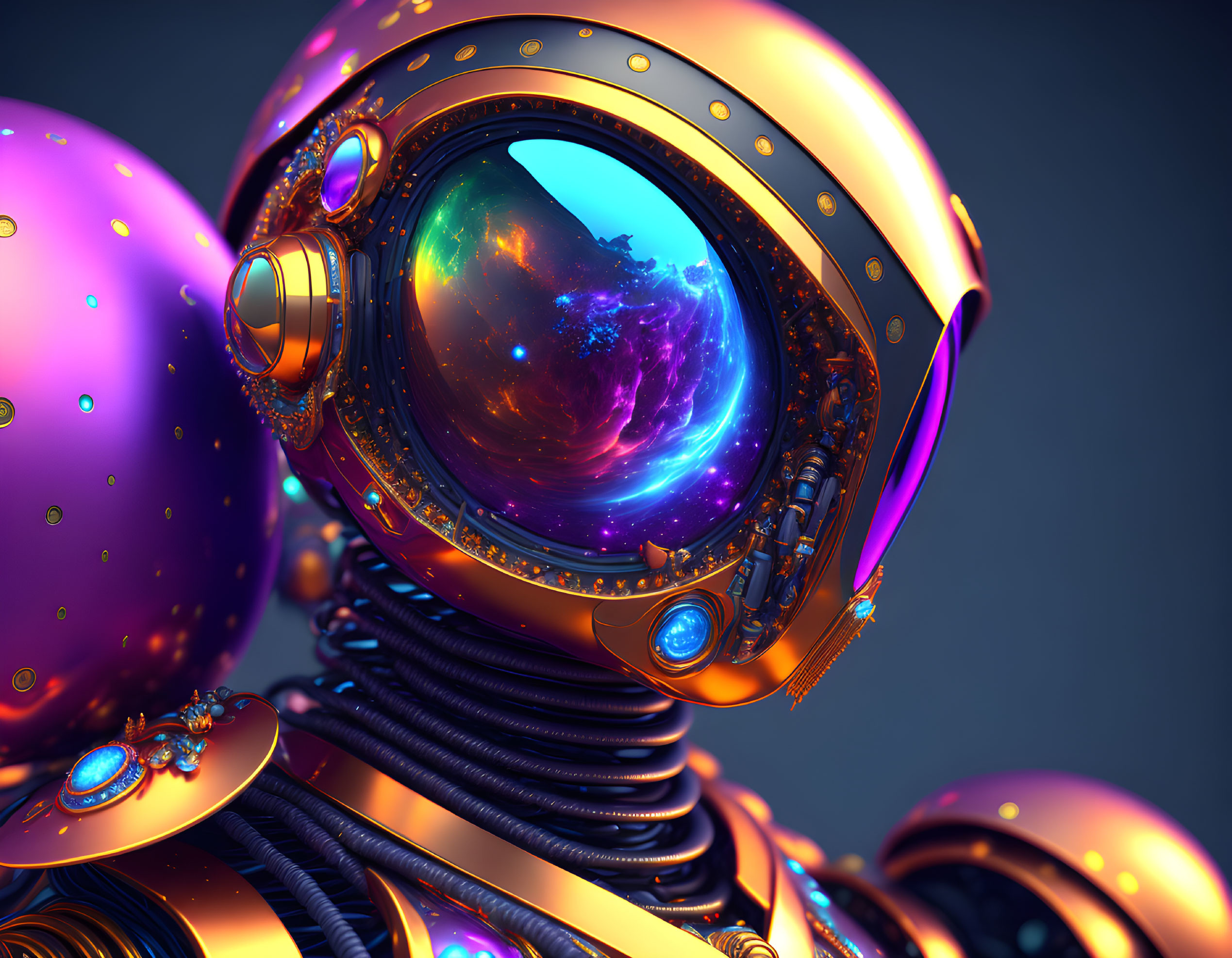 Detailed Astronaut Helmet Reflecting Vibrant Nebula in Gold and Purple Hues