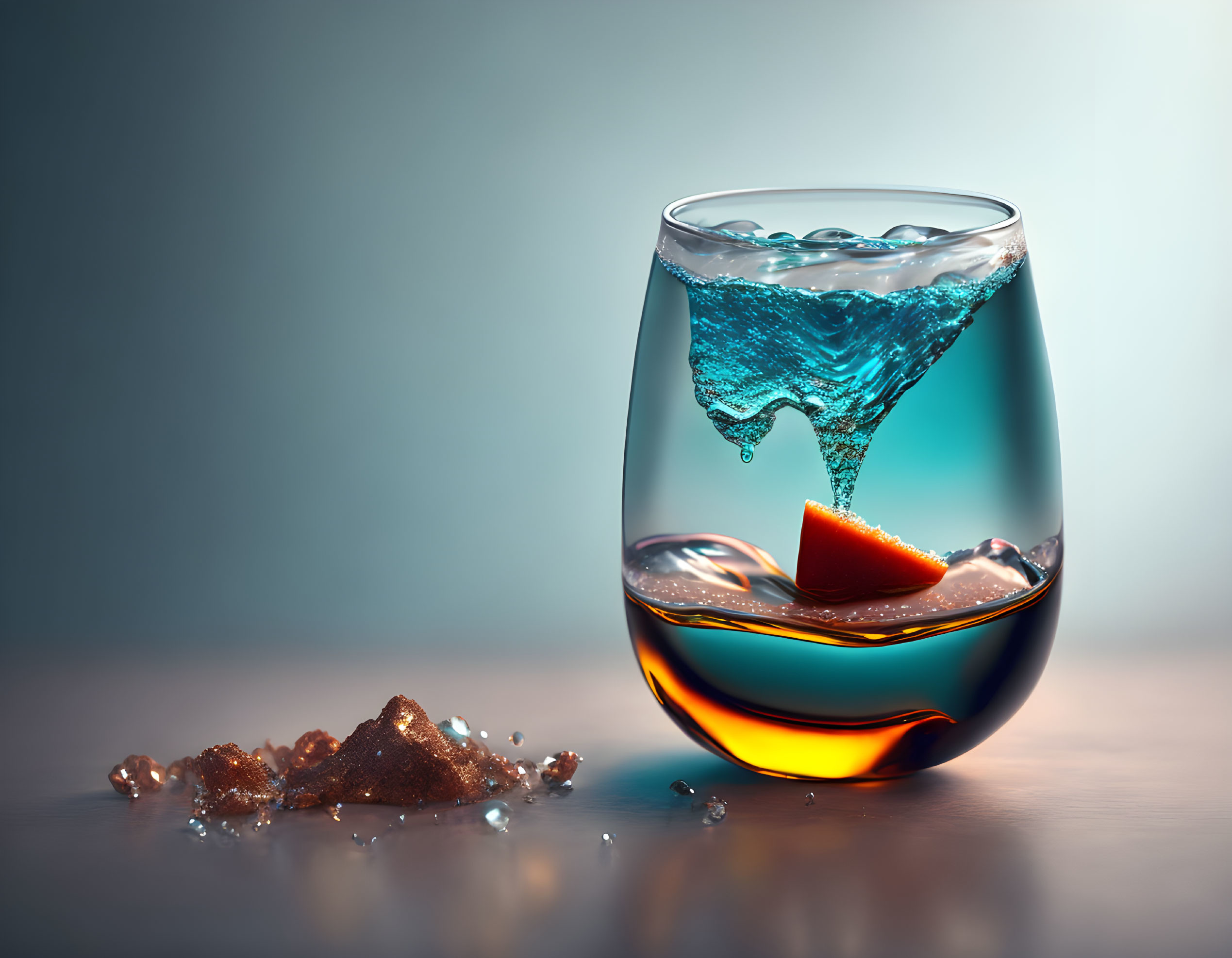 Whiskey glass with blue liquid, ice, orange slice, and splatter on gradient background