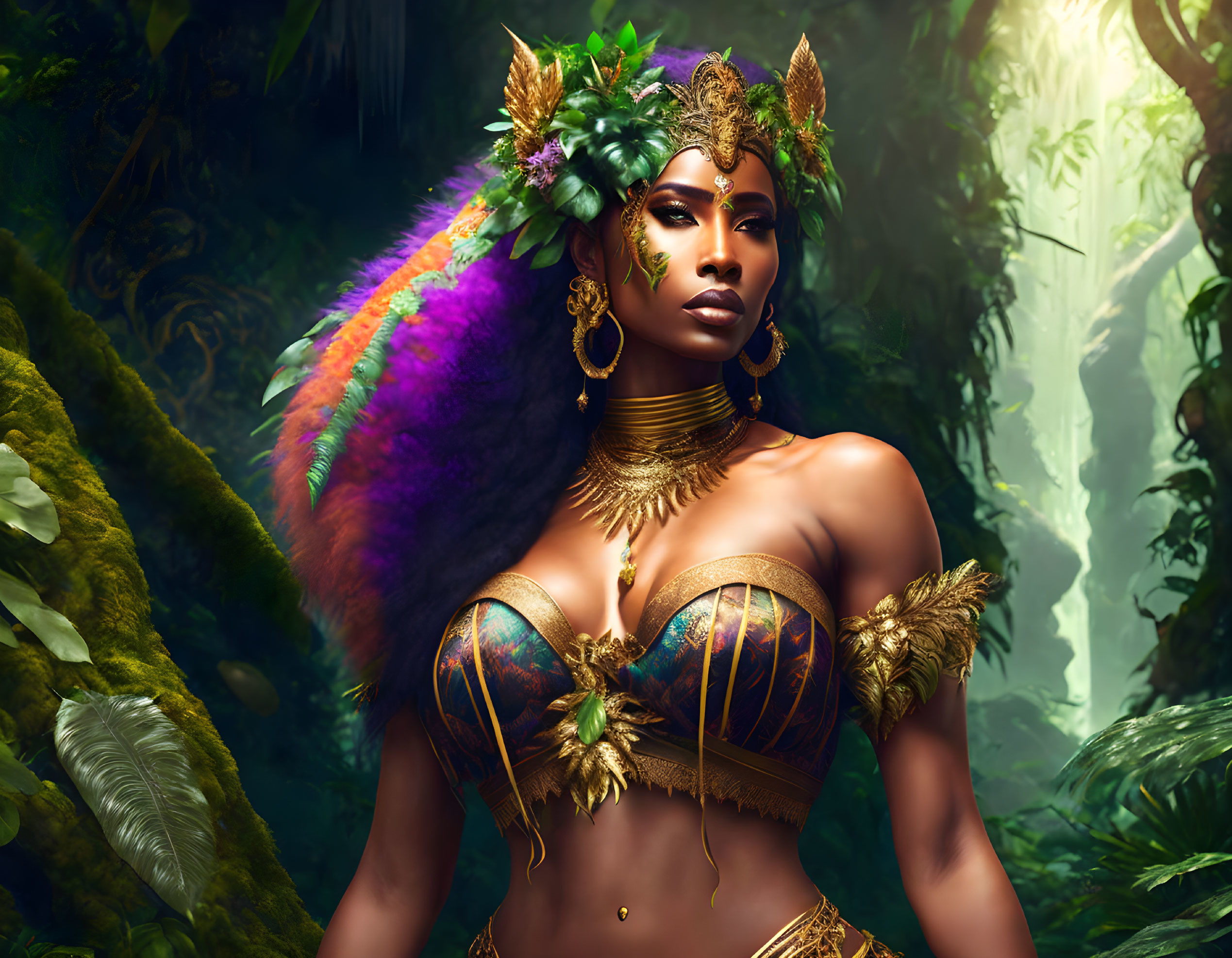 Majestic woman with golden jewelry and headdress in lush jungle setting