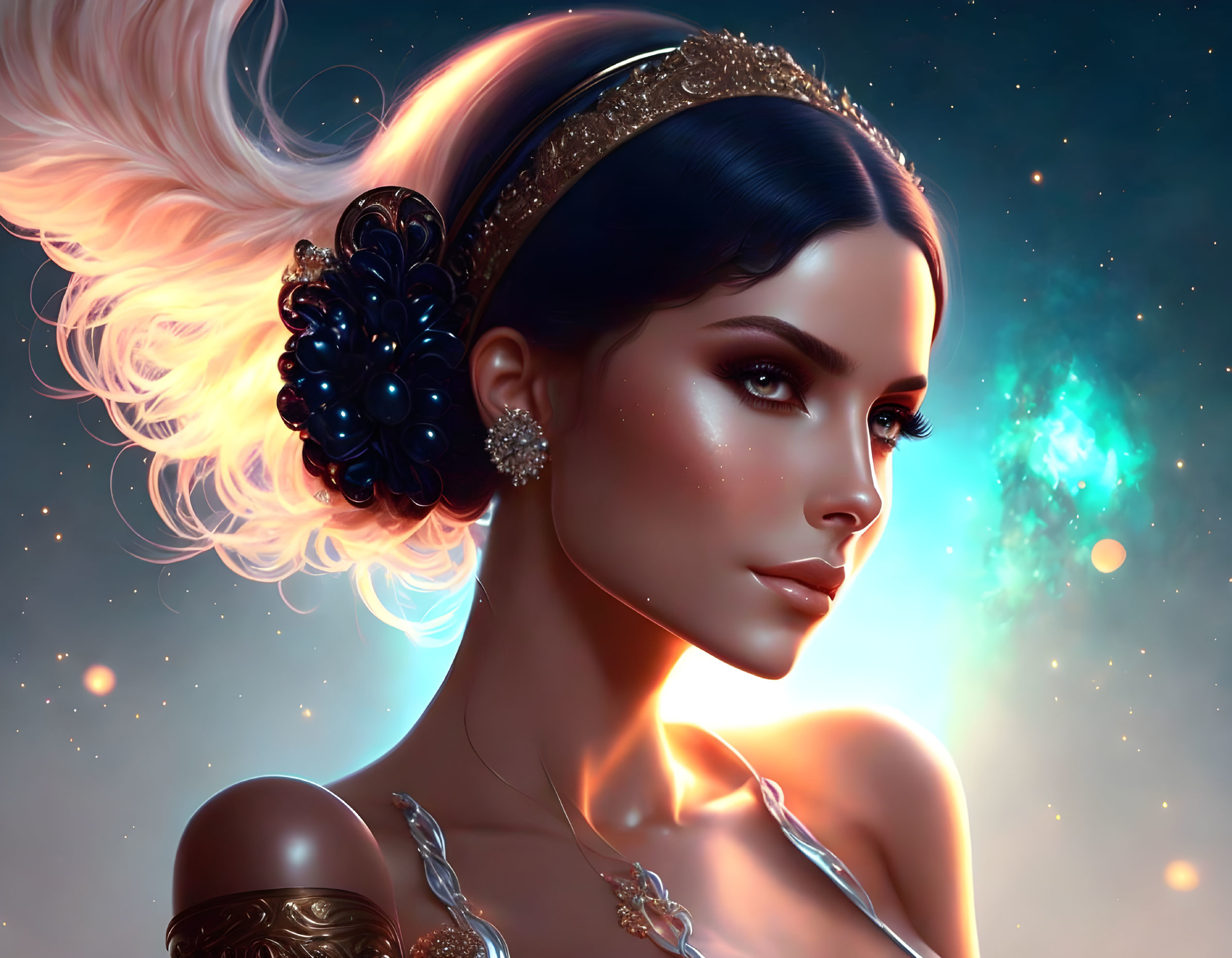 Digital artwork featuring woman with flowing hair and intricate jewelry against cosmic background