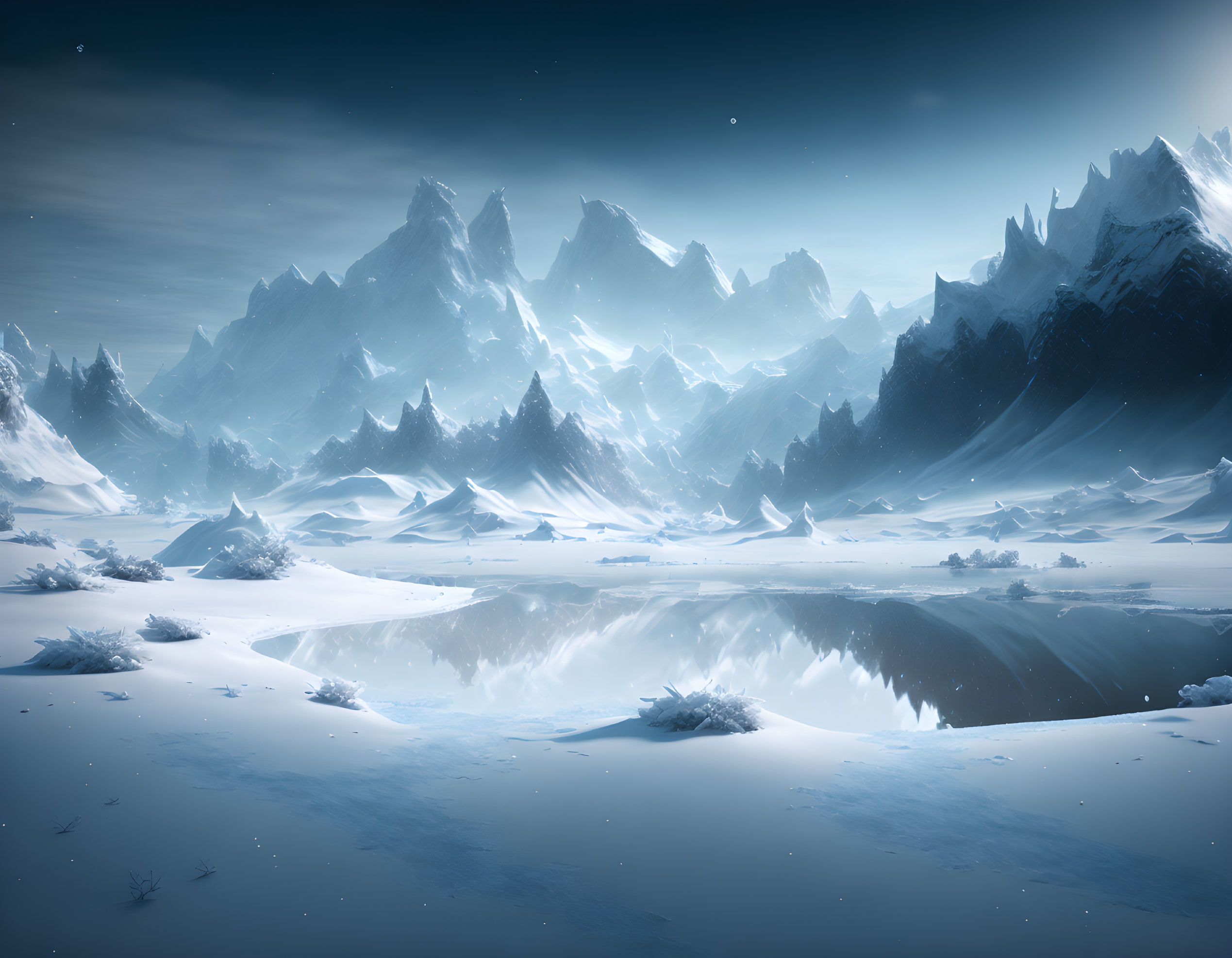 Snowy landscape with towering mountains reflected in icy lake at twilight