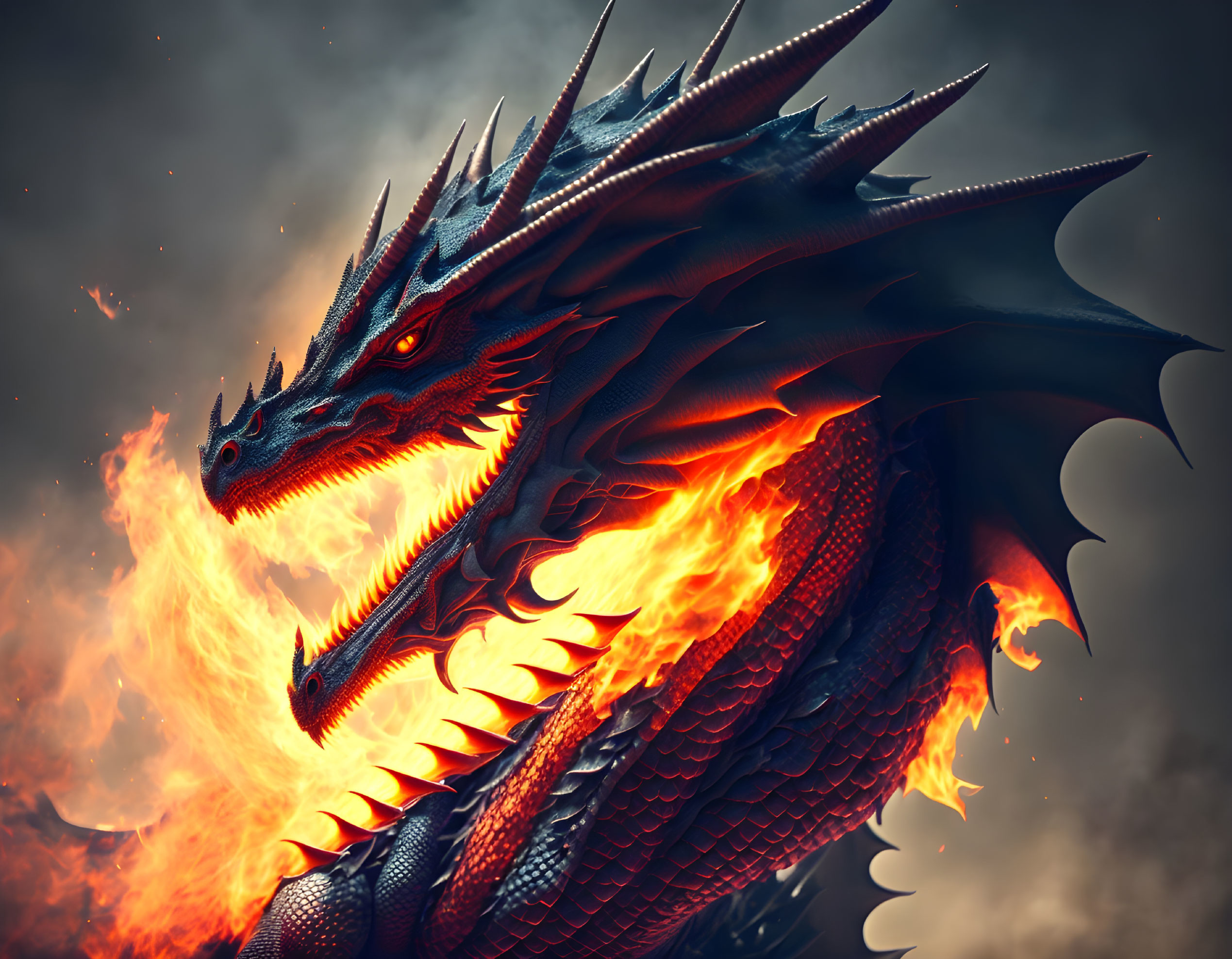 Red dragon breathing flames with spikes and scales on dark background