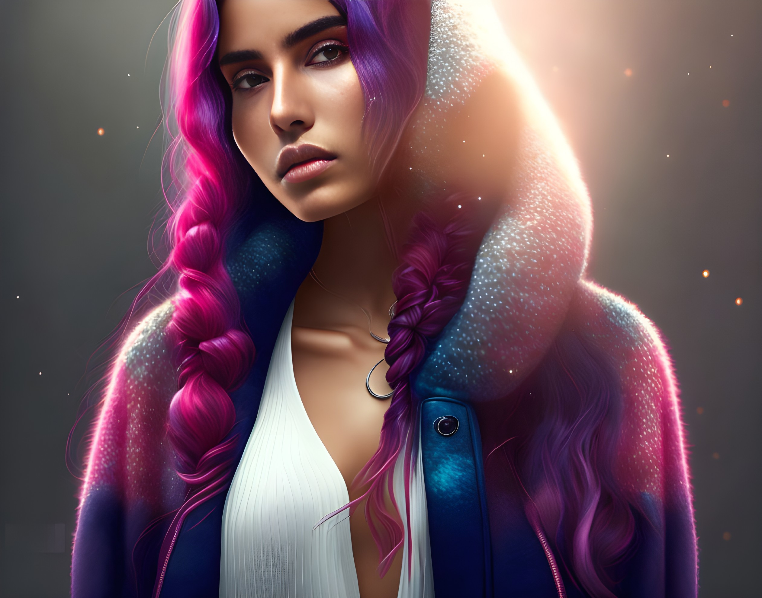 Digital portrait of woman with purple and white ombre hair in dark jacket and cosmic glow.