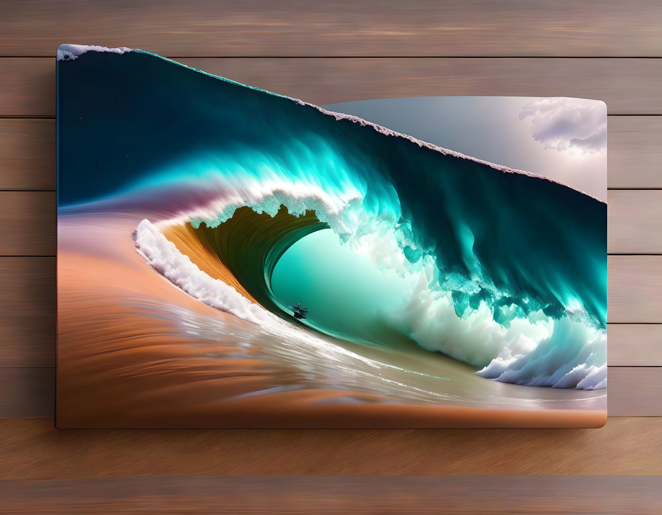 Vibrant wave canvas print on wooden floor, blue and green hues