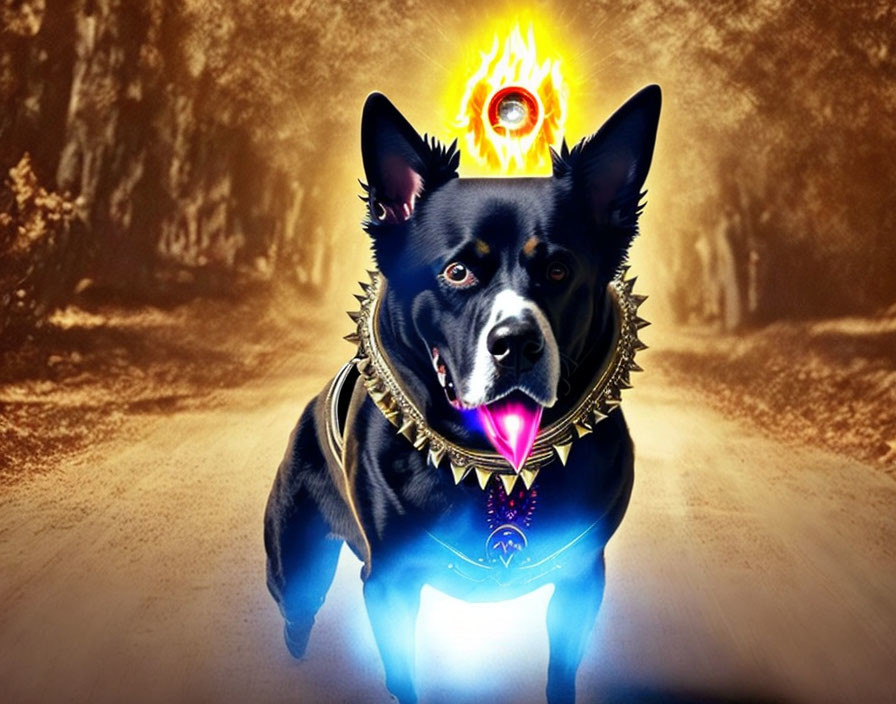 Black dog with fiery eye, spiked collar, glowing chest, fiery background