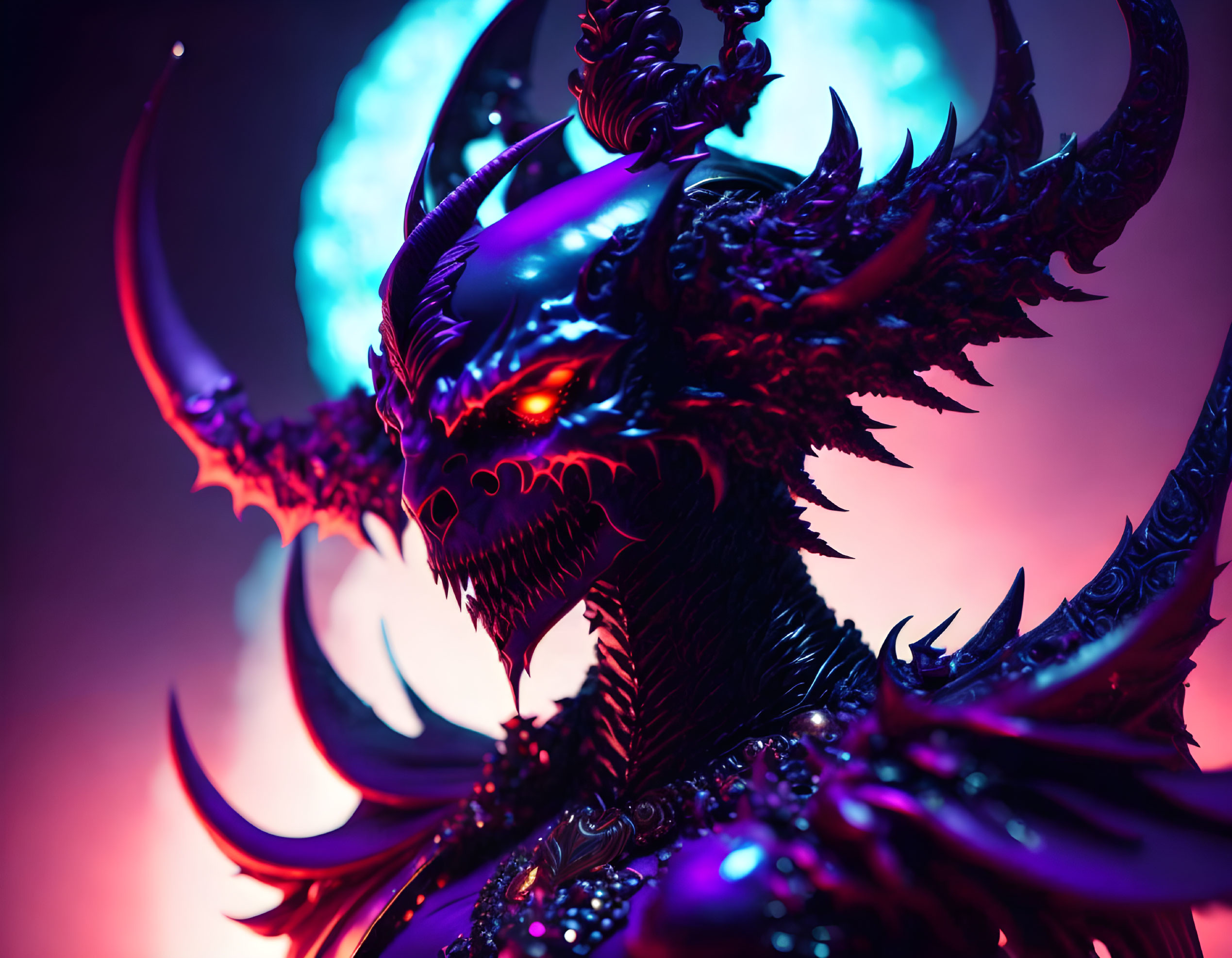 Digital artwork: Menacing dragon creature with red eyes, armor, and horns on cool-toned backdrop