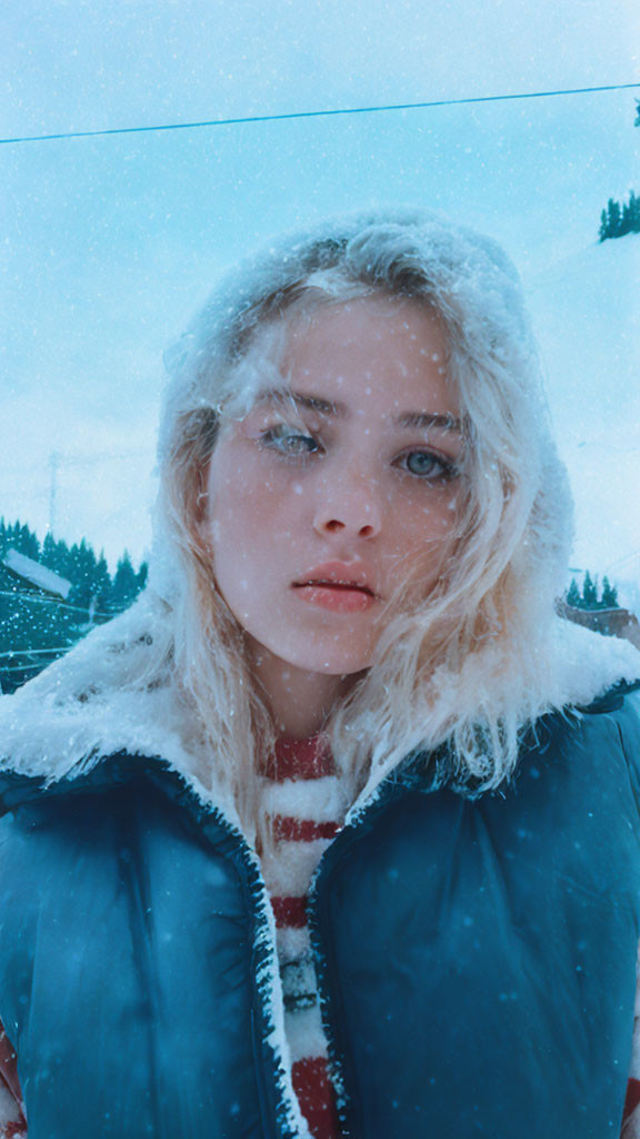 Blonde person in winter jacket with blue eyes in snowy setting