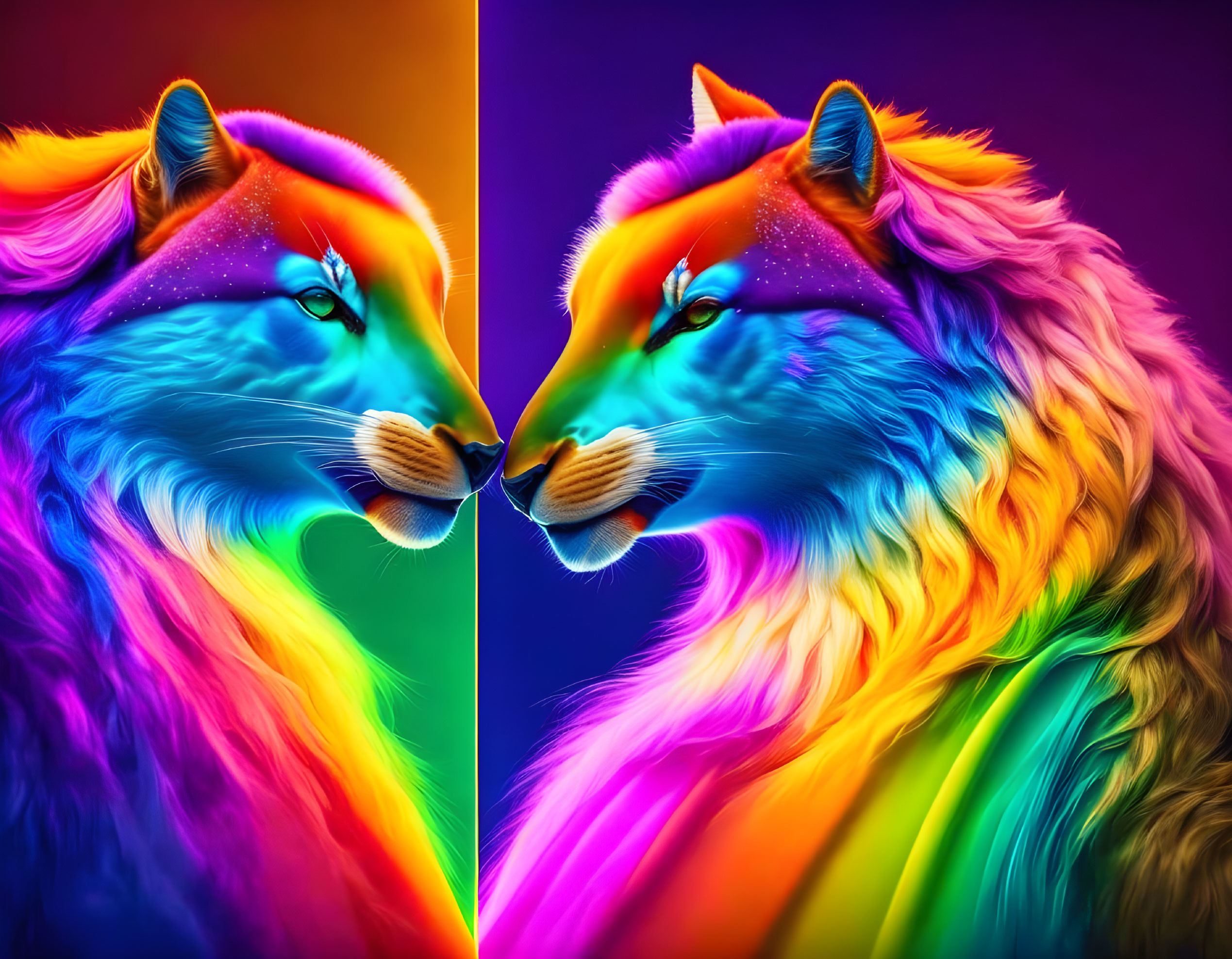 Vibrantly colored neon fox face on mirrored images against gradient background