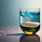 Whiskey glass with blue liquid, ice, orange slice, and splatter on gradient background