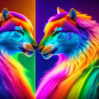 Vibrantly colored neon fox face on mirrored images against gradient background