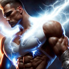 Muscular superhero with lightning effects in dynamic pose