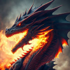 Red dragon breathing flames with spikes and scales on dark background