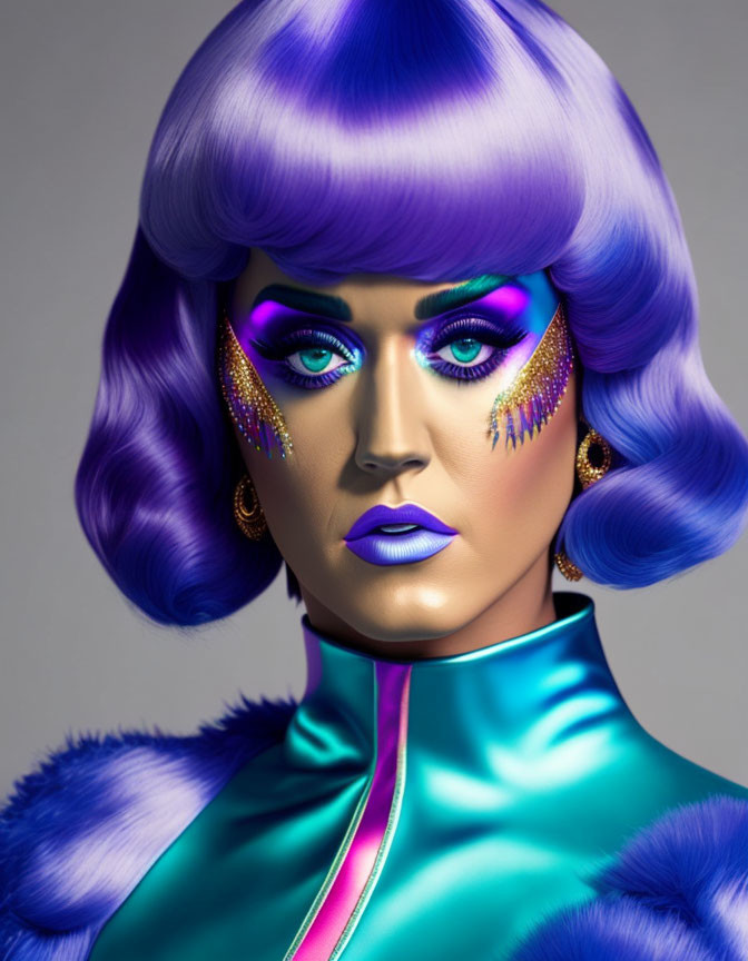 Vibrant purple hair and bold makeup on stylized portrait.