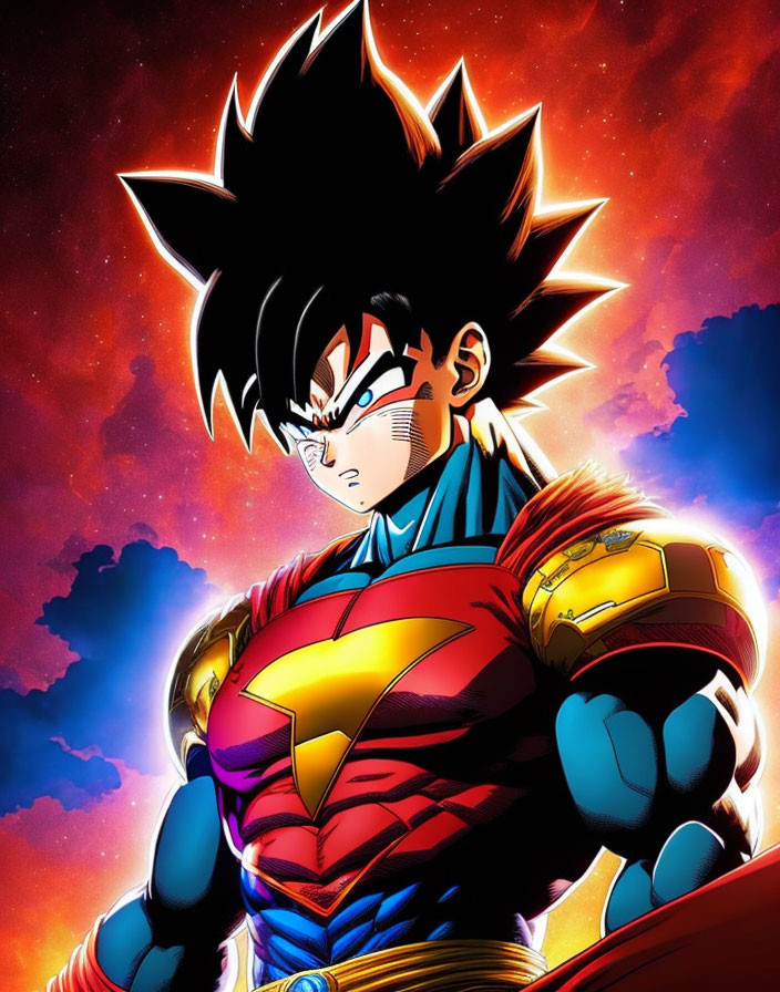 Anime character with spiky hair in red and blue costume against fiery cosmic backdrop