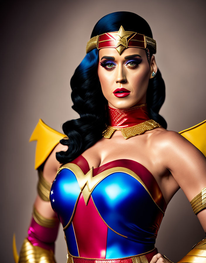 Confident woman in superhero costume with gold tiara and star details