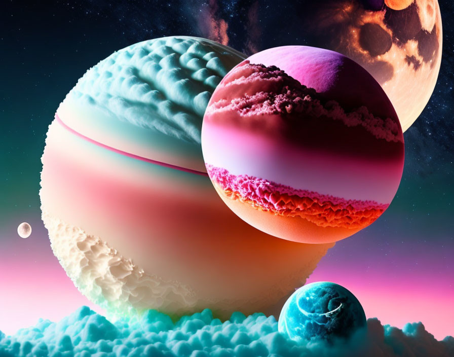 Colorful Planets and Moons in Cosmic Montage