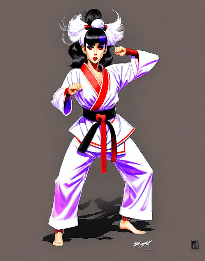 Stylized Female Martial Artist in White Gi with Red Trim and Black Belt