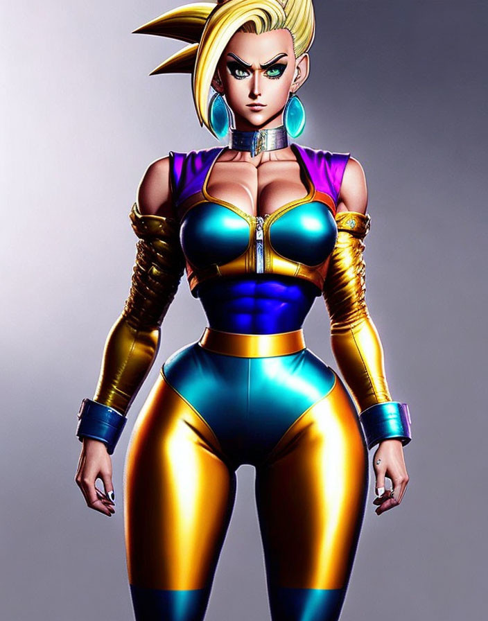 Blonde Spiky-Haired Female Character in Blue and Purple Bodysuit with Gold Accessories