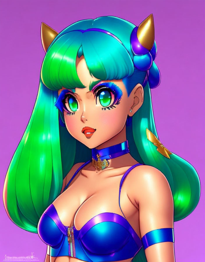 Vibrant Green Hair Anime Female Character with Horn-like Accessories